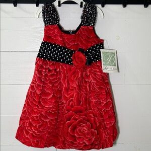 Bonnie Jean Red Floral Dress with Black and White Polka Dots 2T